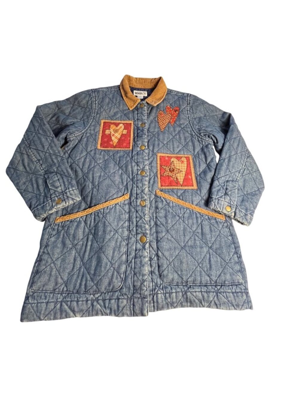 Quilted denim jacket 100% Corduroy Collar Barn Coat Style M Cotton Heart Patches